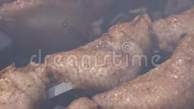 户外炭火烧烤架上的金属串烧成美味可口的鸡肉烧烤